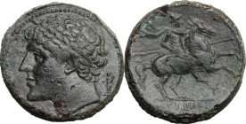 Sicily. Syracuse. Hieron II (275-215 BC). AE 28 mm, c. 230-218/5 BC. D/ Head of Hieron left, diademed; behind, ityphallic herm. R/ Horseman riding rig...