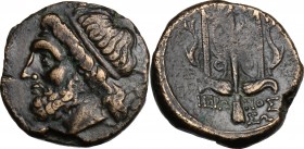Sicily. Syracuse. Hieron II (275-215 BC). AE Tetras, c. 263-218 BC. D/ Head of Poseidon left, wearing taenia. R/ Ornamented trident head, flanked by d...