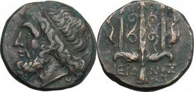 Sicily. Syracuse. Hieron II (274-216 BC). AE 19 mm. D/ Head of Poseidon left, wearing taenia. R/ Ornamented trident head, flanked by dolphins downward...