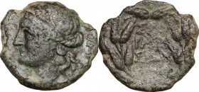 Sicily. Syracuse. Roman Rule, after 212 BC. AE 15 mm. D/ Head of Kore left, wearing wreath of barley-ears. R/ Legend within wreath of corn-ears. CNS I...
