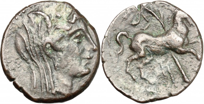 Punic Sicily. AE 20mm, 213-211 BC. D/ Head of Demeter right, veiled. R/ Horse le...