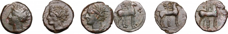 Punic Sicily. Lot of 3 AE denominations, late 4th - early 3rd century BC. D/ Hea...