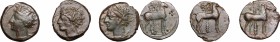Punic Sicily. Lot of 3 AE denominations, late 4th - early 3rd century BC. D/ Head of Tanit left, wearing wreath. R/ Horse standing right; behind, palm...