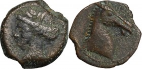 Punic Sardinia. AE 15 mm, 300-264 BC. D/ Head of Tanit left, wearing wreath. R/ Head of horse right. SNG Cop. 148. AE. g. 2.28 mm. 15.00 About VF.