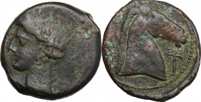 Punic Sardinia. AE 20 mm, 300-264 BC. D/ Head of Tanit left, wearing wreath. R/ ...