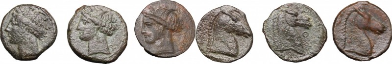 Punic Sardinia. Lot of 3 AE denominations, 300-264 BC. D/ Head of Tanit left, we...