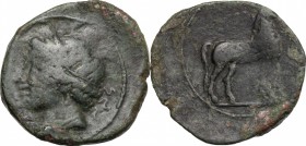 Punic Sardinia. AE 21 mm, 264-241 BC. D/ Head of Tanit left, wearing wreath. R/ Horse standing left. SNG Cop. 202ff. AE. g. 5.27 mm. 21.00 Good F.