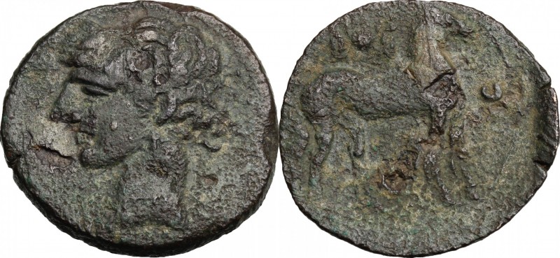 Punic Sardinia. AE Shekel , c. 241-221 BC. D/ Head of Tanit left, wearing wreath...