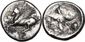 Continental Greece. Akarnania, Anactorium. AR Stater, 320-280 BC. D/ Pegasos flying left; below, monogram AV. R/ Head of Athena left, helmeted; behind...