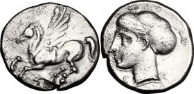 Continental Greece. Corinthia, Corinth. AR Drachm, 4th century BC. D/ Pegasos flying left. R/ Head of nymph Peirene left. SNG Cop. 114. AR. g. 2.49 mm...