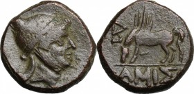 Greek Asia. Pontos, Amisos. Temp. of Mithradates VI Eupator (85-65 BC). AE 22 mm. D/ Helmeted head of Mithradates VI as the hero Perseus right. R/ Peg...