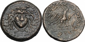Greek Asia. Mysia, Parion. AE 22 mm, 2nd-1st century BC. D/ Gorgoneion. R/ Eagle standing right, wings open, all within wreath. SNG Cop. 274. AE. g. 6...