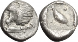 Greek Asia. Ionia, Miletos. AR Tetartemorion, 420-390 BC. D/ Forepart of lion left. R/ Bird standing left in incuse square. SNG Tübingen 3001. AR. g. ...