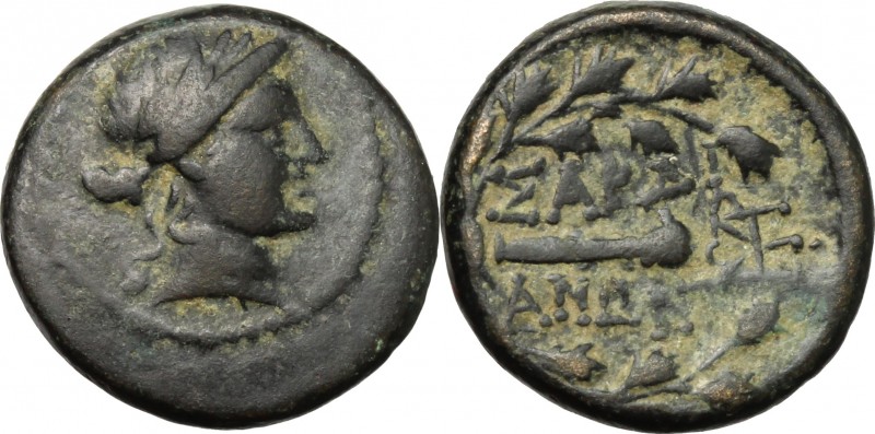 Greek Asia. Lydia, Sardes. AE 15 mm, 2nd-1st century BC. D/ Head of Apollo right...