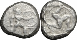 Greek Asia. Pamphylia, Aspendos. AR Stater, 465-430 BC. D/ Warrior striding right, holding shield and spear. R/ Triskeles in incuse square. SNG von Au...