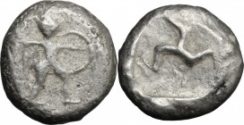 Greek Asia. Pamphylia, Aspendos. AR Stater, 465-430 BC. D/ Warrior striding right, holding shield and sword. R/ Triskeles in incuse square. SNG von Au...