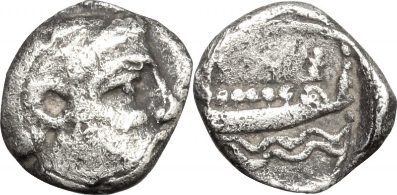 Greek Asia. Phoenicia, Arados. AR Obol, 380-350 BC. D/ Bearded head right, laure...