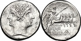 Anonymous. AR Didrachm or Quadrigatus, uncertain mint, 225-214 BC. D/ Laureate Janiform head of Dioscuri. R/ Jupiter, holding sceptre and hurling thun...
