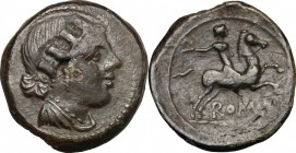 Anomalous Semilibral series. AE Semuncia, 217-215 BC. D/ Female bust right, turreted and draped. R/ Horseman galloping right, holding whip and reins. ...