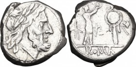 Anonymous. AR Victoriatus, from 211 BC. D/ Head of Jupiter right, laureate. R/ Victory right, crowning trophy. Cr. 44/1. AR. g. 3.03 mm. 15.00 VF.