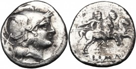 Anonymous. AR Denarius, uncertain mint, 211 BC. D/ Head of Roma right, helmeted. R/ Dioscuri galloping right. Cr. 44/5. AR. g. 3.86 mm. 19.00 Partly t...