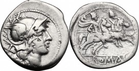 Anonymous. AR Denarius, c. 211 BC. D/ Head of Roma right, helmeted. R/ Dioscuri galloping right. Cr. 53/2. AR. g. 3.87 mm. 20.50 On obverse banker's m...
