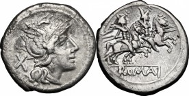 Anonymous. AR Denarius, c. 211 BC. D/ Head of Roma right, helmeted. R/ Dioscuri galloping right. Cr. 53/2. AR. g. 3.35 mm. 19.00 About VF.