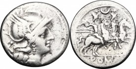 Crescent (first) series. AR Denarius, 207 BC. D/ Head of Roma right, helmeted. R/ The Dioscuri galloping right; above, crescent. Cr. 57/2. AR. g. 3.52...