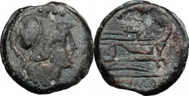 Dolphin series (?). AE Triens, 179-170 BC. D/ Head of Minerva right, helmeted; above, four pellets. R/ Prow right; above, dolphin?. Cr. 160/3. AE. g. ...