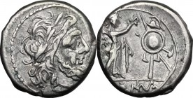 Anonymous. AR Victoriatus,179-170 BC. D/ Head of Jupiter right, laureate. R/ Victory standing right, crowning trophy. Cr. 166/1. AR. g. 2.92 mm. 16.00...