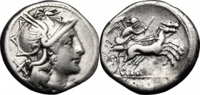 Anonymous. AR Denarius, 157-156 BC. D/ Head of Roma right, helmeted. R/ Victory in biga right, holding reins and goad. Cr. 197/1a. AR. g. 3.90 mm. 18....