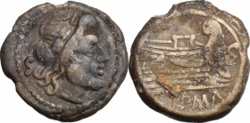 Anonymous. AE Semis, 157-156 BC Rome(?) mint. D/ Laureate head of Saturn right; S (mark of value) to left. R/ Prow of galley right; S (mark of value) ...