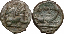 Anonymous. AE Quadrans, 157-156 BC. D/ Hercules's head right. Behind, three pellets. R/ Prow right, Above, ROMA. Below, three pellets. Cf. Cr 197-198B...