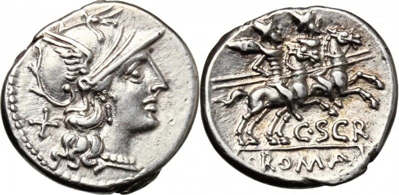 C. Scribonius. AR Denarius, 154 BC. D/ Helmeted head of Roma right; behind, X. R...