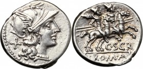 C. Scribonius. AR Denarius, 154 BC. D/ Helmeted head of Roma right; behind, X. R/ The Dioscuri galloping right; below, C. SCR and ROMA in tablet. Cr. ...