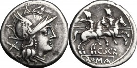 C. Scribonius. AR Denarius, 154 BC. D/ Helmeted head of Roma right; behind, X. R/ The Dioscuri galloping right; below, C. SCR and ROMA in tablet. Cr. ...