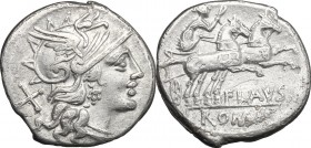 Decimius Flavus. AR Denarius, 150 BC. D/ Head of Roma right, helmeted. R/ Luna in biga right, holding reins and whip. Cr. 207/1. AR. g. 3.40 mm. 19.00...
