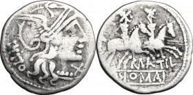 L. Sempronius Pitio / M. Atilius Saranus. Hybrid AR Denarius, circa 148 BC. D/ Helmeted head of Roma right. Behind, PITIO. Before, X. R/ The Dioscuri ...
