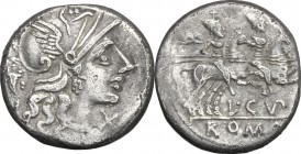 L. Cupiennius. AR Denarius, 147 BC. D/ Head of Roma right, helmeted; behind, cornucopiae. R/ Dioscuri galloping right. Cr. 218/1. AR. g. 4.22 mm. 18.0...