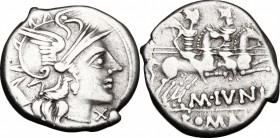 M. Junius Silanus. AR Denarius, 145 BC. D/ Head of Roma right, helmeted; behind, head of ass. R/ Dioscuri galloping right. Cr. 220/1. B.8. AR. g. 3.86...