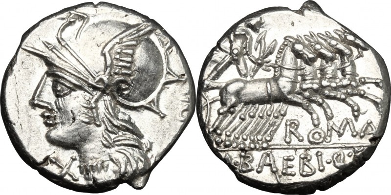 M. Baebius Q. f. Tampilus. AR Denarius, 137 BC. D/ Head of Roma left, helmeted. ...