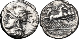 M. Baebius Q. f. Tampilus. AR Denarius, 137 BC. D/ Head of Roma left, helmeted. R/ Apollo in quadriga right, holding bow, arrow, reins and branch. Cr....