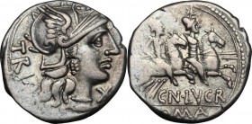 Cn. Lucretius Trio. AR Denarius, 136 BC. D/ Head of Roma right, helmeted. R/ Dioscuri galloping right. Cr. 237/1. AR. g. 3.88 mm. 18.00 Toned. Some st...