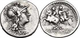 C. Servilius M.f. AR Denarius, 136 BC. D/ Helmeted head of Roma right; to left, wreath above mark of value. R/ Dioscuri on horseback, rearing in oppos...
