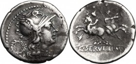 C. Servilius M.f. AR Denarius, 136 BC. D/ Helmeted head of Roma right; to left, wreath above mark of value. R/ Dioscuri on horseback, rearing in oppos...