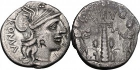 C. Augurinus. Denarius, 135 BC. D/ Head of Roma right, helmeted. R/ Ionic column surmounted by statue; on either side, togate figure and ear of barley...