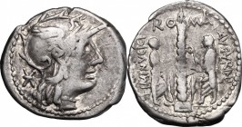 Ti. Minucius C.f. Augurinus. AR Denarius, 134 BC. D/ Head of Roma right, helmeted. R/ Spiral column with statue on top; to left, togate figure holding...