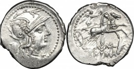 M. Marcius Mn. f. AR Denarius, 134 BC. D/ Head of Roma right, helmeted; behind, modius. R/ Victory in biga right, holding reins and whip; below, two c...