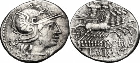 L. Minucius. AR Denarius, 133 BC. D/ Head of Roma right, helmeted. R/ Jupiter in quadriga right, holding scepter and hurling thunderbolt. Cr. 248/1. B...