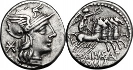 P. Maenius Antiaticus. AR Denarius, 132 BC. D/ Helmeted head of Roma right. R/ Victory in quadriga right, holding reins and palm-branch in left hand a...